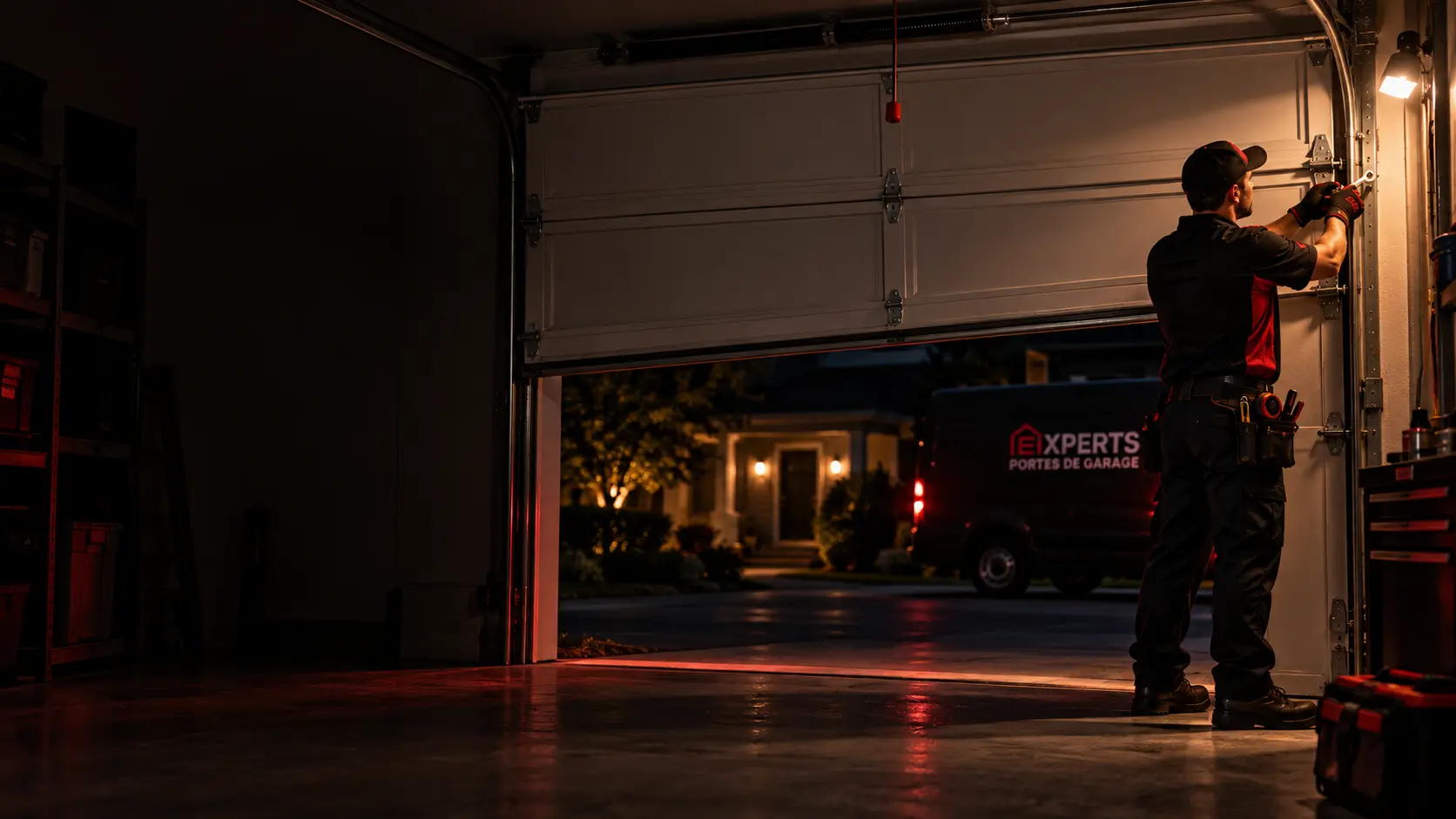 Technicien reparant une porte de garage le soir, camion Experts Portes de Garage dans l'entree